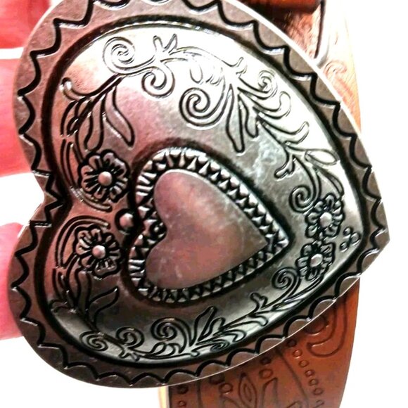 Western Brown Belt With Silver Tone Heart Buckle 38 Inches Long New - Picture 5 of 9